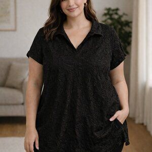 GNW Womens 2X Fits XL Black Crinkle Knit Textured Lined Top